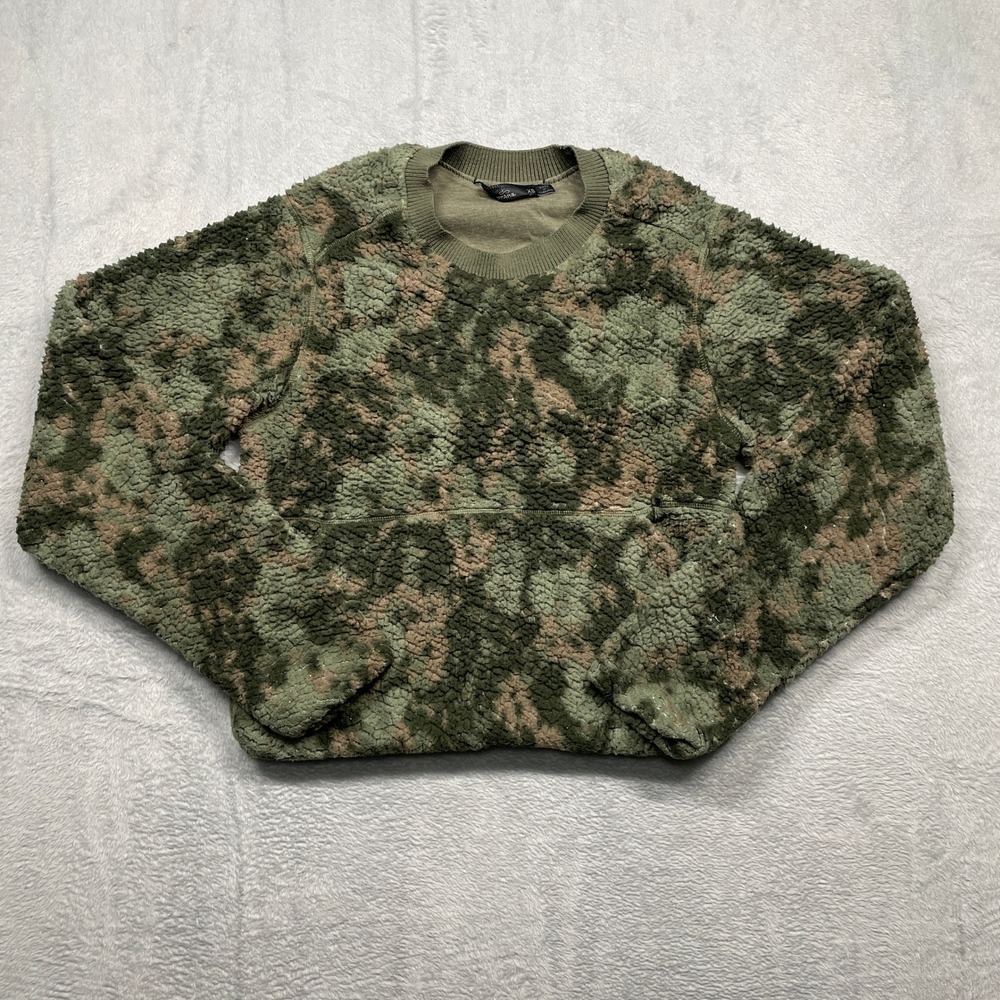 prAna Fleece Pullover Women XS Green Camo High Pile Crew Neck Pocket